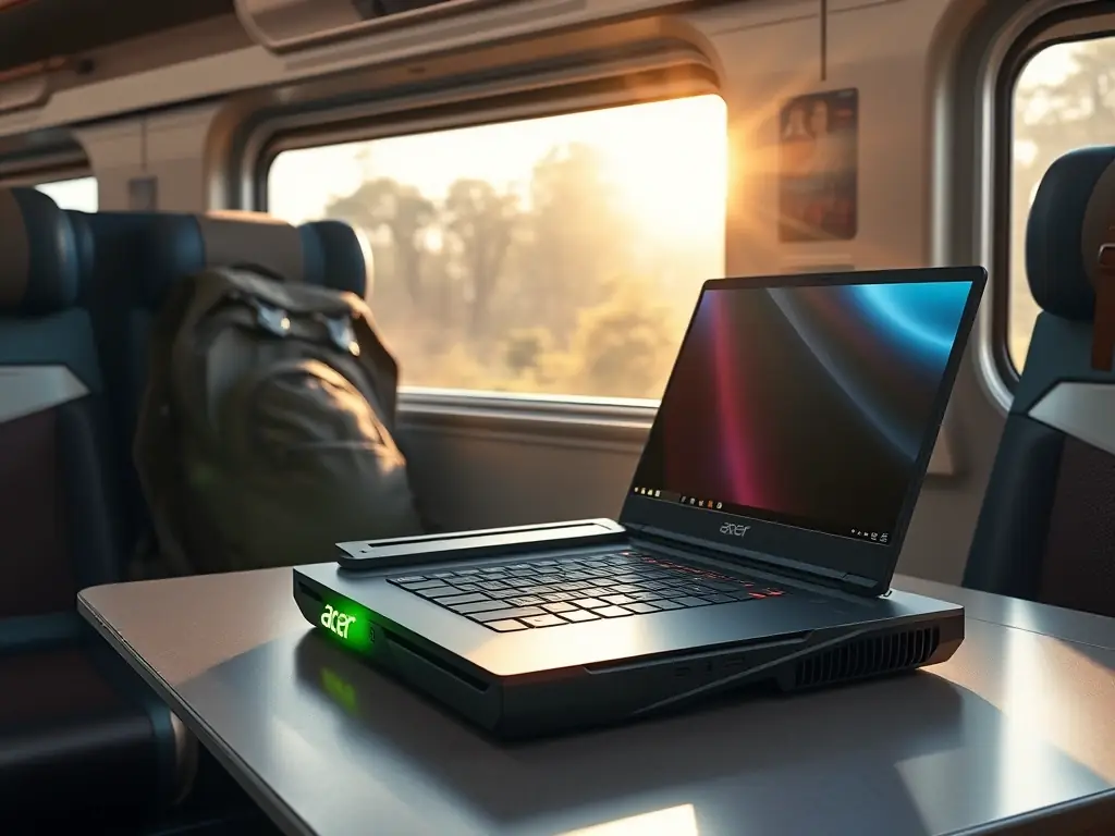 An image of the Acer Predator Helios 300 being used on a train, showcasing its robust cooling system and vibrant display, with a backpack and travel accessories nearby.