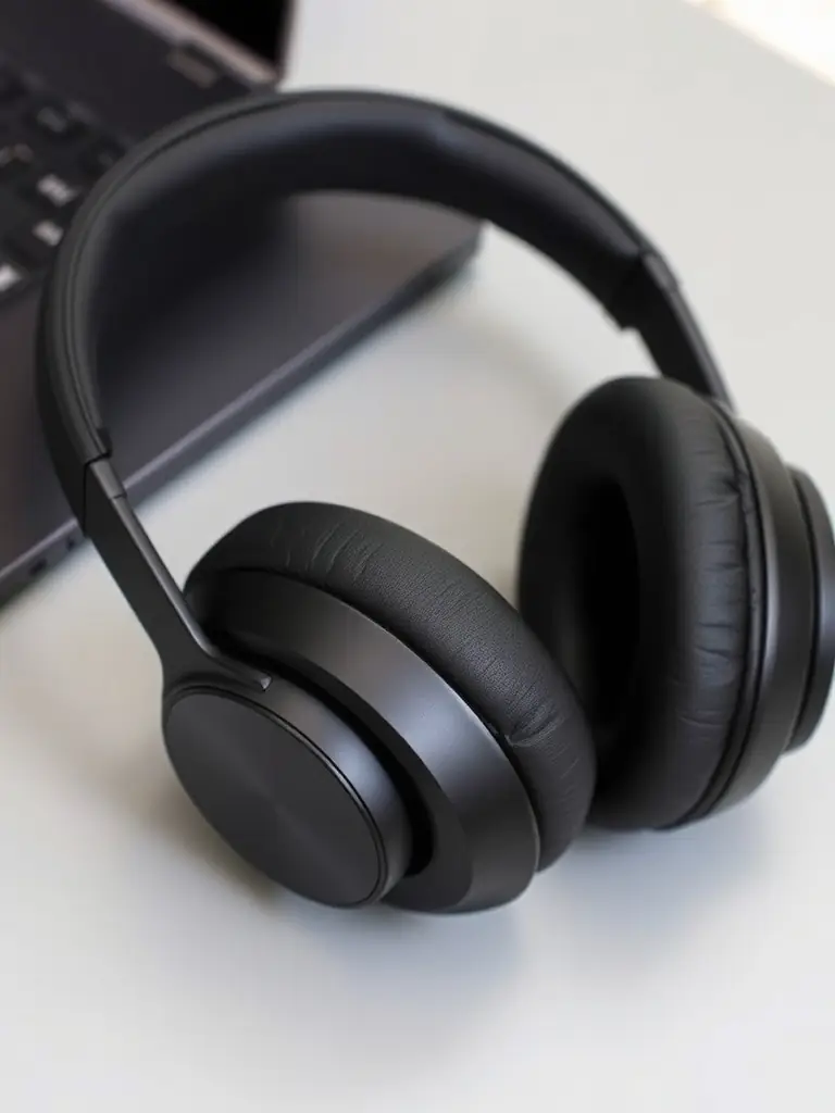 Close-up studio shot of Sony WH-1000XM5 headphones, showcasing their sleek design and noise-canceling capabilities, ideal for a buyer's guide on travel headphones.