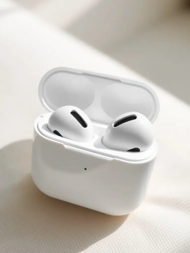 Studio shot of Apple AirPods Pro 2, emphasizing their compact size and seamless integration with Apple devices, suitable for a buyer's guide on travel headphones.