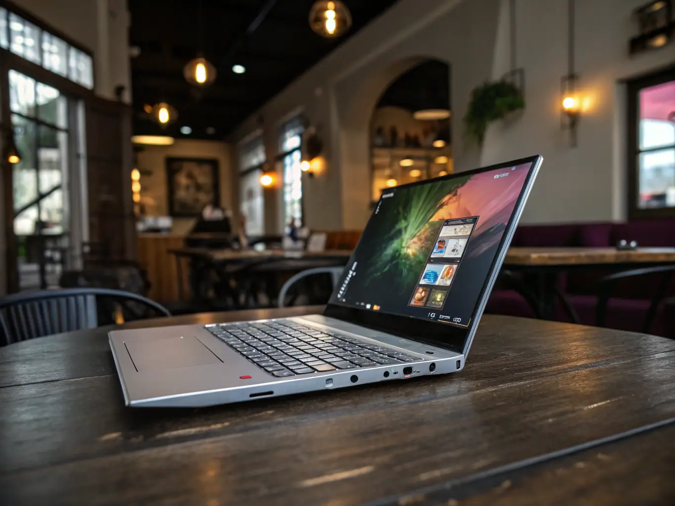 A high-resolution image of the ASUS ROG Zephyrus G14 laptop on a table in a modern cafe, showcasing its sleek design and compact size, with a cup of coffee and a notebook nearby to emphasize its portability.