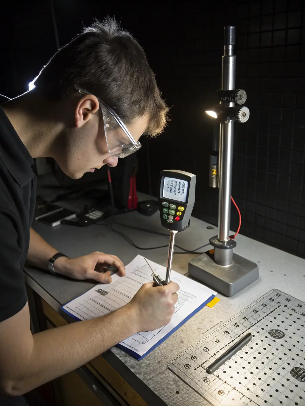 A close-up shot of a technician meticulously calibrating testing equipment, emphasizing precision and attention to detail in the review process.