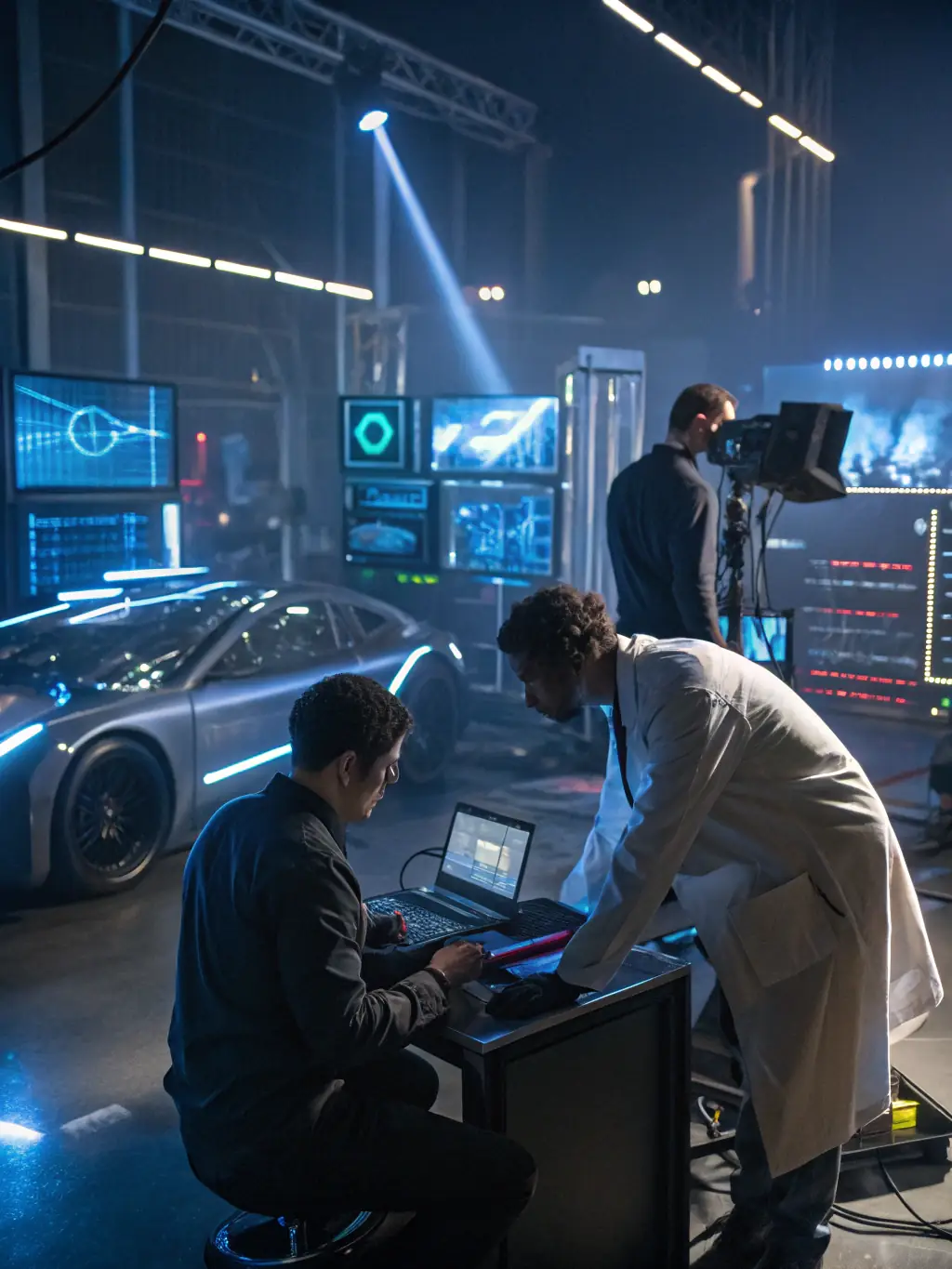 A photo of a diverse team of tech experts in a modern lab, surrounded by various gadgets and testing equipment, symbolizing expertise and thoroughness.
